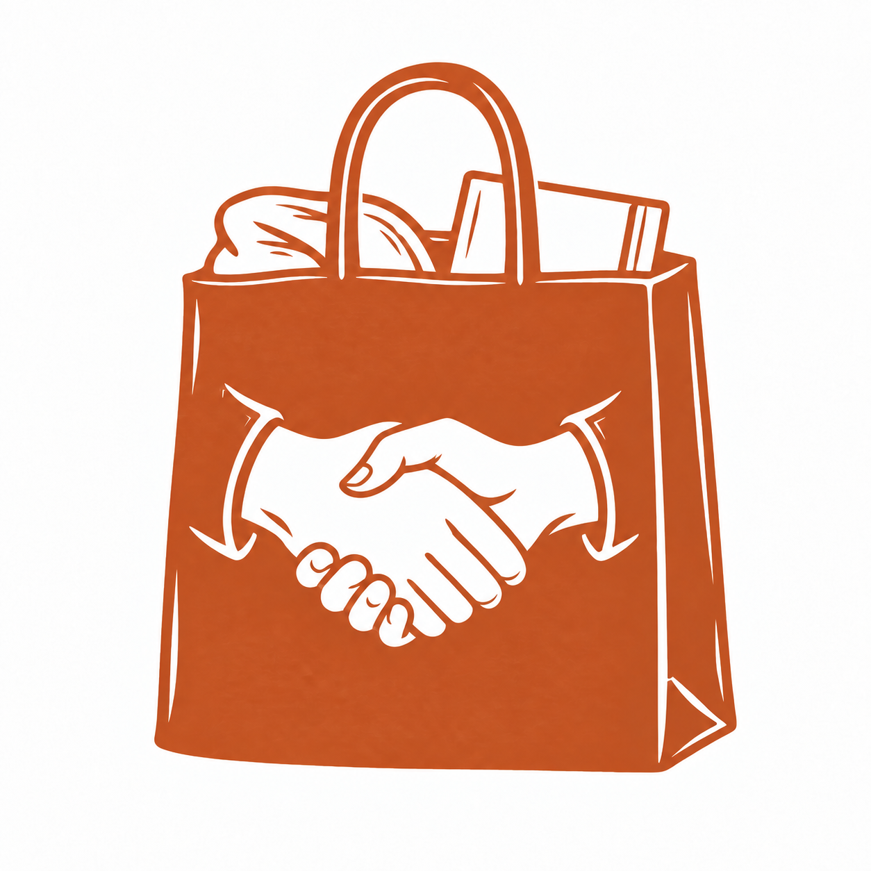 A paper shopping bag with a handshake on the front